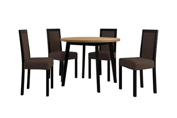 Patrickswell Rund Spisegruppe 100 cm – Spisebord med Eikeutseende og 4 Spisestoler med Trukket Rygg i Tre - Svart|Brun - Møbler - Bord - Spisegruppe