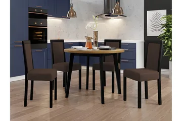 Patrickswell Rund Spisegruppe 100 cm – Spisebord med Eikeutseende og 4 Spisestoler med Trukket Rygg i Tre - Svart|Brun - Møbler - Bord - Spisegruppe