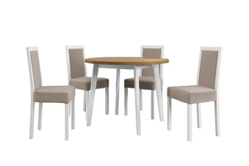 Patrickswell Rund Spisegruppe 100 cm – Spisebord med Eikutseende og 4 Spisestoler med Trukket Rygg i Tre - Hvit|Beige - Møbler - Bord - Spisegruppe