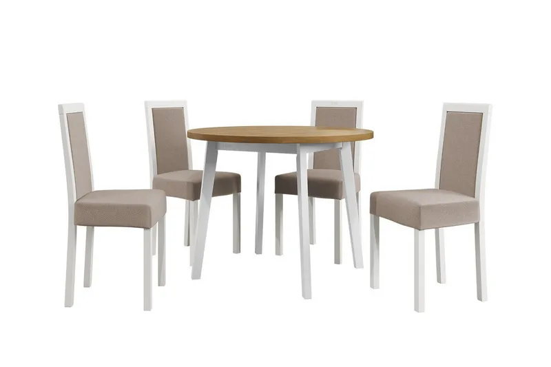 Patrickswell Rund Spisegruppe 100 cm – Spisebord med Eikutseende og 4 Spisestoler med Trukket Rygg i Tre, Hvit|Beige