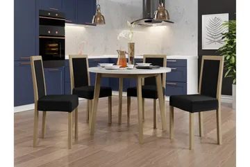 Patrickswell rund spisegruppe 100 cm – Spisebord med hvit bordplate og 4 spisestoler i tre med polstret rygg - Natur|Svart - Møbler - Bord - Spisegruppe