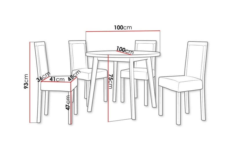 Patrickswell rund spisegruppe 100 cm – Spisebord med hvit bordplate og 4 spisestoler i tre med polstret rygg - Svart|Grå - Møbler - Bord - Spisegruppe