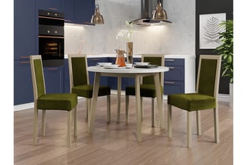 Patrickswell rund spisegruppe 100 cm – Spisebord med hvit bordplate og 4 spisestoler i tre med polstret rygg - Natur|Olivengrønn - Møbler - Bord - Spisegruppe