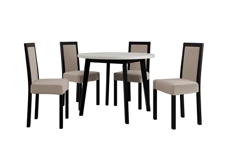 Patrickswell rund spisegruppe 100 cm – Spisebord med hvit bordplate og 4 spisestoler i tre med polstret rygg, Svart|Beige