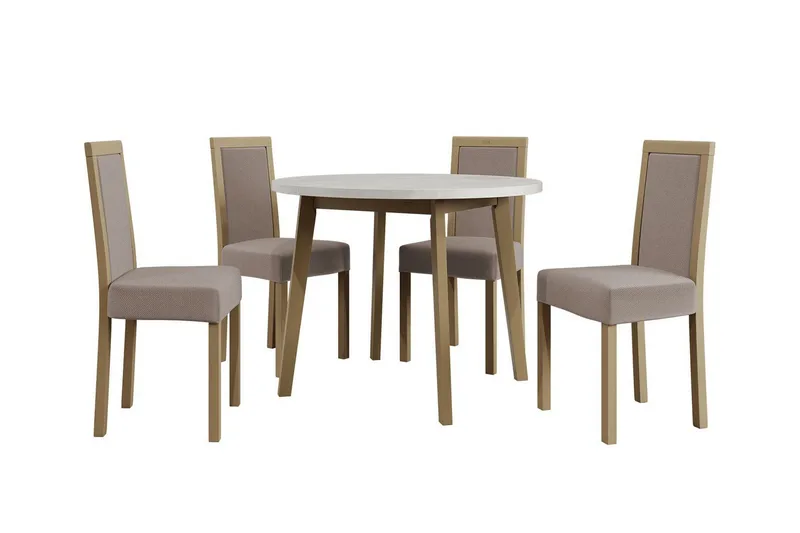 Patrickswell rund spisegruppe 100 cm – Spisebord med hvit bordplate og 4 spisestoler i tre med polstret rygg, Natur|Beige