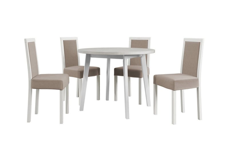 Patrickswell rund spisegruppe 100 cm – Spisebord med hvit bordplate og 4 spisestoler i tre med polstret rygg, Hvit|Beige