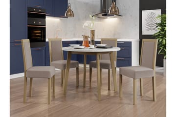 Patrickswell rund spisegruppe 100 cm – Spisebord med hvit bordplate og 4 spisestoler i tre med polstret rygg - Natur|Beige - Møbler - Bord - Spisegruppe