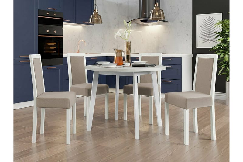Patrickswell rund spisegruppe 100 cm – Spisebord med hvit bordplate og 4 spisestoler i tre med polstret rygg - Hvit|Beige - Møbler - Bord - Spisegruppe