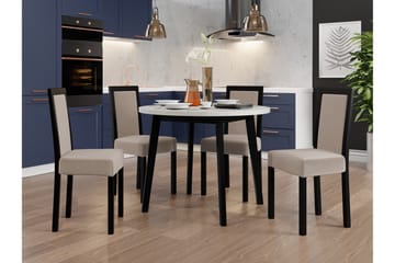 Patrickswell rund spisegruppe 100 cm – Spisebord med hvit bordplate og 4 spisestoler i tre med polstret rygg - Svart|Beige - Møbler - Bord - Spisegruppe