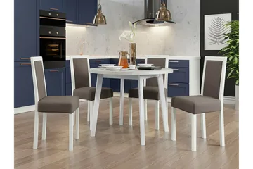 Patrickswell Rund Spisegruppe 100 cm – Spisebord med Hvit Bordplate og 4 Spisestoler med Trukket Rygg i Tre - Hvit|Gråbrun - Møbler - Bord - Spisegruppe