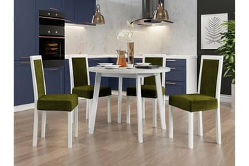Patrickswell Rund Spisegruppe 100 cm – Spisebord med Hvit Bordplate og 4 Spisestoler med Trukket Rygg i Tre - Hvit|Olivengrønn - Møbler - Bord - Spisegruppe