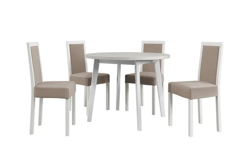 Patrickswell Rundt Spisegruppe 100 cm – Spisebord med Hvit Bordplate og 4 Spisestoler med Trukket Rygg i Tre, Hvit|Beige