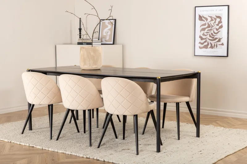 Pelle Spisebord med 6stk Velvet Spisestol - Møbler - Bord - Spisegruppe