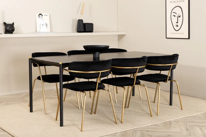 Pelle Spisegruppe 190 cm inkl. 6 Arcarazo Karmstoler, Svart/Messing