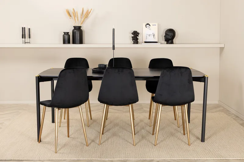 Pelle Spisegruppe 190 cm inkl. 6 Pontus Fløyelsstoler - Svart/Messing - Møbler - Bord - Spisegruppe