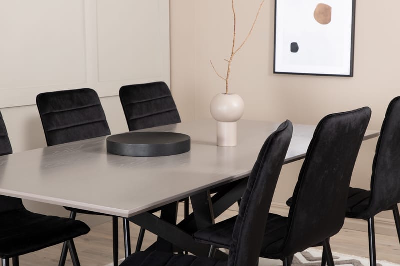 Penny Spisegruppe 190 cm inkl. 6 Robin Fløyelsstoler - Grå/Svart - Møbler - Bord - Spisegruppe