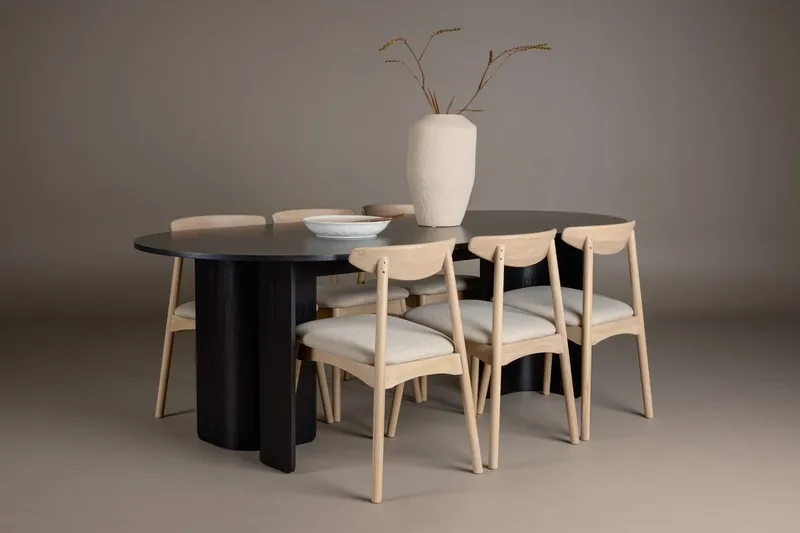 Rektangulær spisegruppe Tyresö 220 cm med 6 Ven stoler, Svart/Whitewash