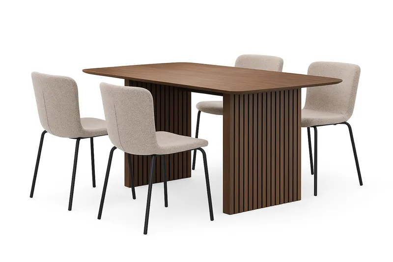 Richeto spisebord 180 cm med 4 Katy spisestoler, Røkt eik / greige bouclé