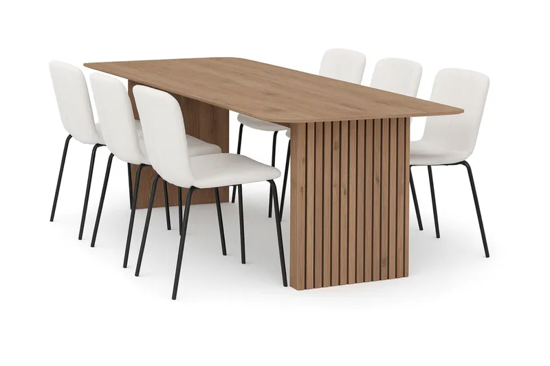 Richeto spisebord 180 cm med 6 Katy spisestoler, Naturlig finish / hvit bouclé / metallben svart