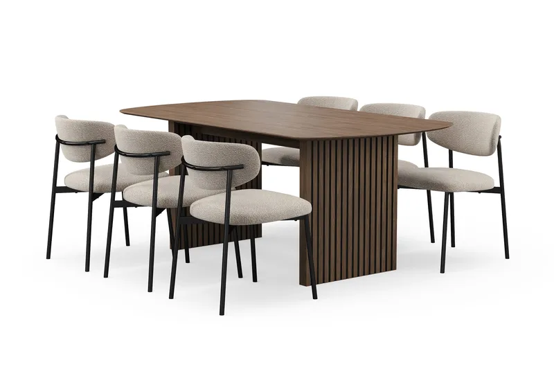 Richeto spisebord 180 cm med 6 Lucy spisestoler, Røkt eik / Greige bouclé