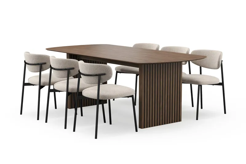 Richeto spisebord 210 cm med 6 Lucy spisestoler, Røkt eik / Greige bouclé