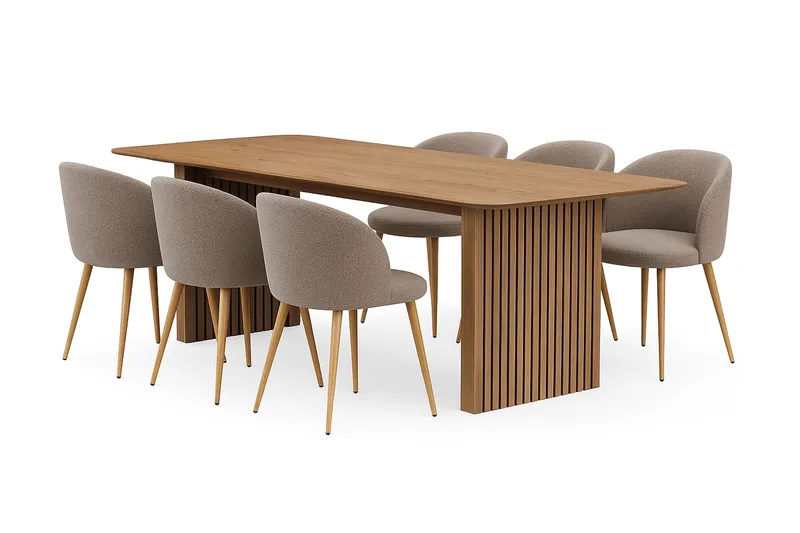 Richeto spisebord 240 cm med 6 Greya spisestoler med armlener, Naturlig finish / Greige bouclé / metallben eik