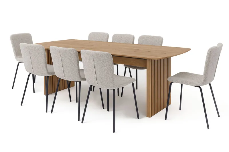 Richeto spisebord 240 cm med 8 Katy spisestoler, Naturlig finish / Greige bouclé / Metallben svart