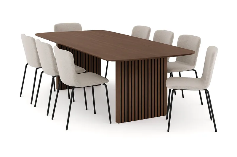 Richeto spisebord 240 cm med 8 Katy spisestoler, Røkt eik / Greige bouclé