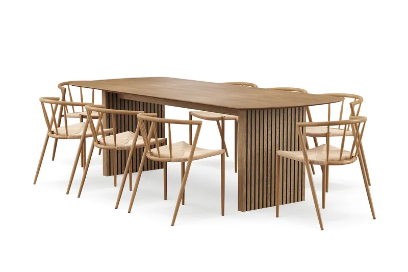 Richeto spisebord 240 cm med 8 Winston spisestoler, Naturlig finish / Beige / Metallben eik