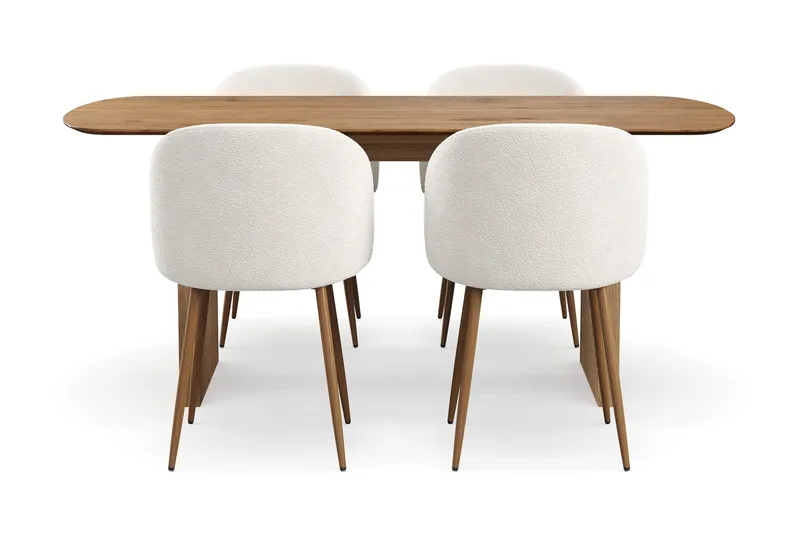 Richeto spisegruppe 180 cm med 4 Greya spisestoler med armlener, Naturlig finish / hvit bouclé