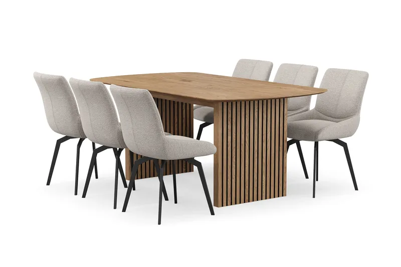 Richeto spisegruppe 180 cm med 6 Mora snurrestoler, Naturlig finish/mørkbeige