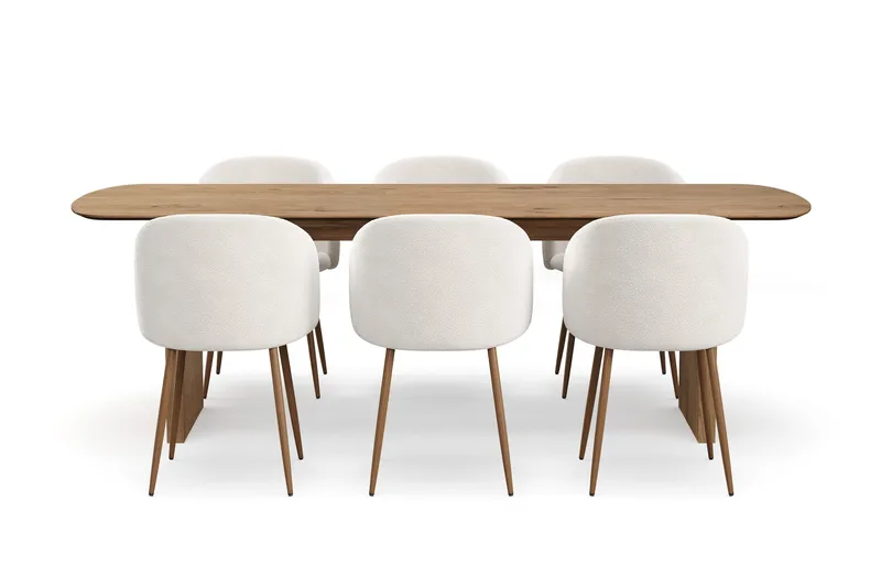 Richeto spisegruppe 240 cm med 6 Greya spisestoler med armlener, Røkt eik/Hvit bouclé