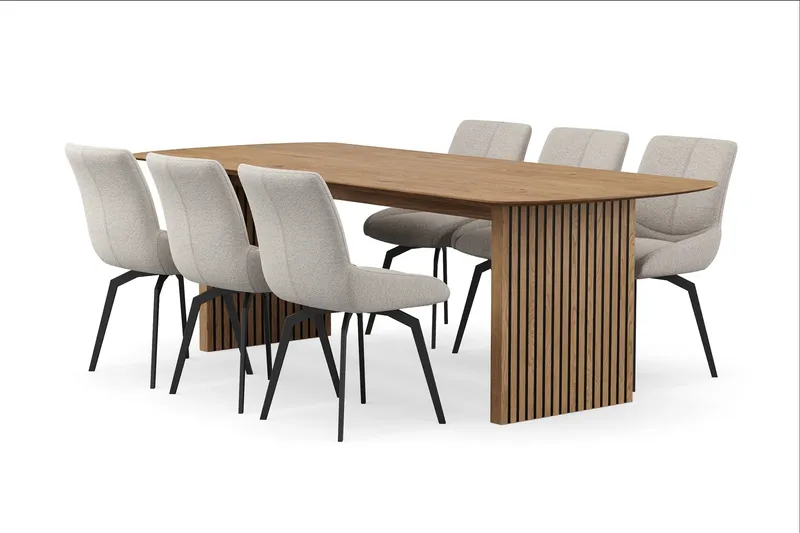 Richeto spisegruppe 240 cm med 6 Mora snurrestoler, Naturlig finish/mørkbeige