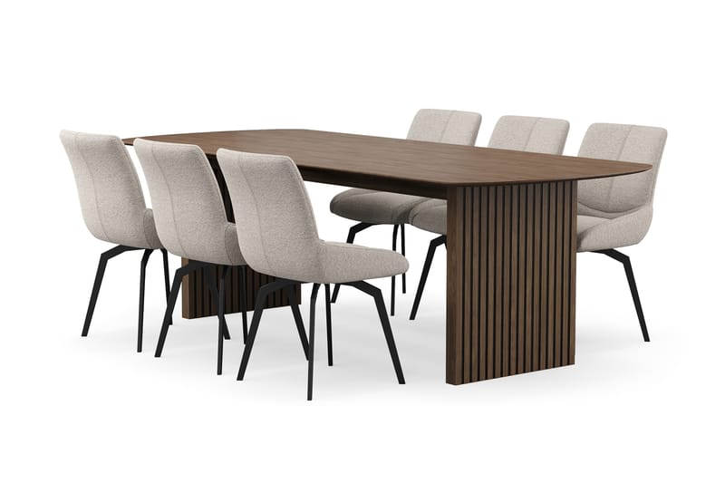 Richeto spisegruppe 240 cm med 6 Mora snurrestoler, Røkt eik/mørkbeige