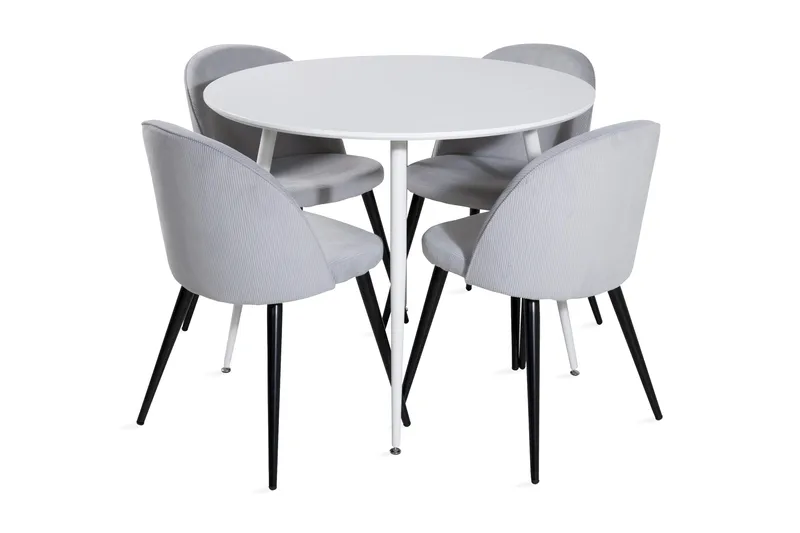 Ridones Spisegruppe 100 cm Rund inkl. 4 Valeri Cordfløyelsto, Hvit/Grå