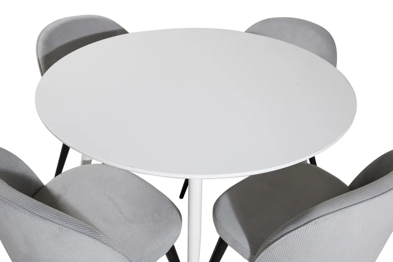 Ridones Spisegruppe 100 cm Rund inkl. 4 Valeri Cordfløyelsto - Hvit/Grå - Møbler - Bord - Spisegruppe