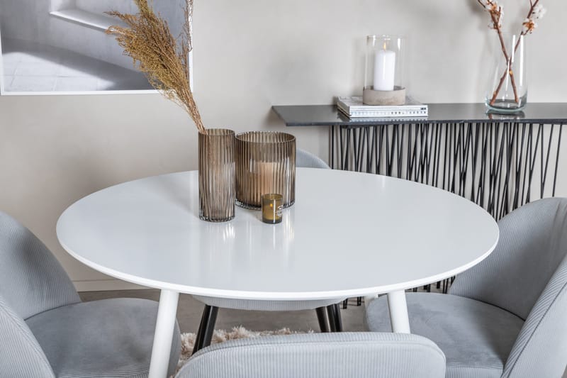 Ridones Spisegruppe 100 cm Rund inkl. 4 Valeri Cordfløyelsto - Hvit/Grå - Møbler - Bord - Spisegruppe