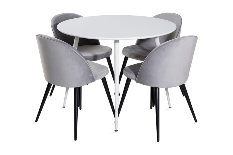 Ridones Spisegruppe 100 cm Rund inkl. 4 Valerie Fløyelsstole, Hvit/Lysegrå