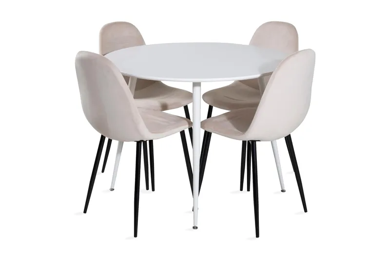 Ridones Spisegruppe 100 cm Rund inkl. 4 Pontus Stoler, Hvit/Svart/Beige