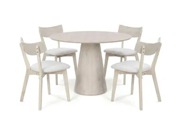Siena spisegruppe 110 cm rund hvitlasert med 4 Amelia spisestoler med pute - Hvitlasert/Beige - Møbler - Bord - Spisegruppe