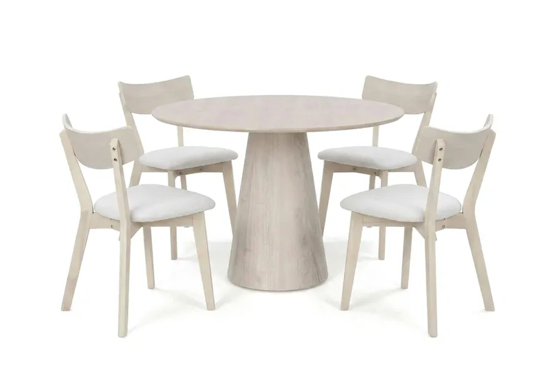 Siena spisegruppe 110 cm rund hvitlasert med 4 Amelia spisestoler med pute, Hvitlasert/Beige