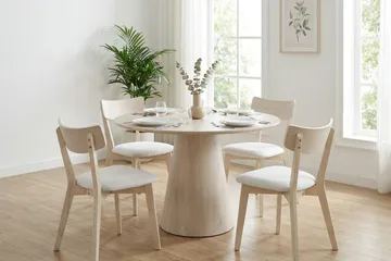 Siena spisegruppe 110 cm rund hvitlasert med 4 Amelia spisestoler med pute - Hvitlasert/Beige - Møbler - Bord - Spisegruppe