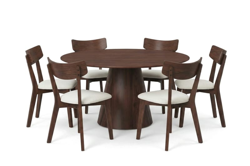 Siena spisegruppe 150 cm rund i valnøtt med 6 Amelia spisestoler med pute, Valnøtt/Beige