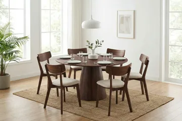 Siena spisegruppe 150 cm rund i valnøtt med 6 Amelia spisestoler med pute - Valnøtt/Beige - Møbler - Bord - Spisegruppe