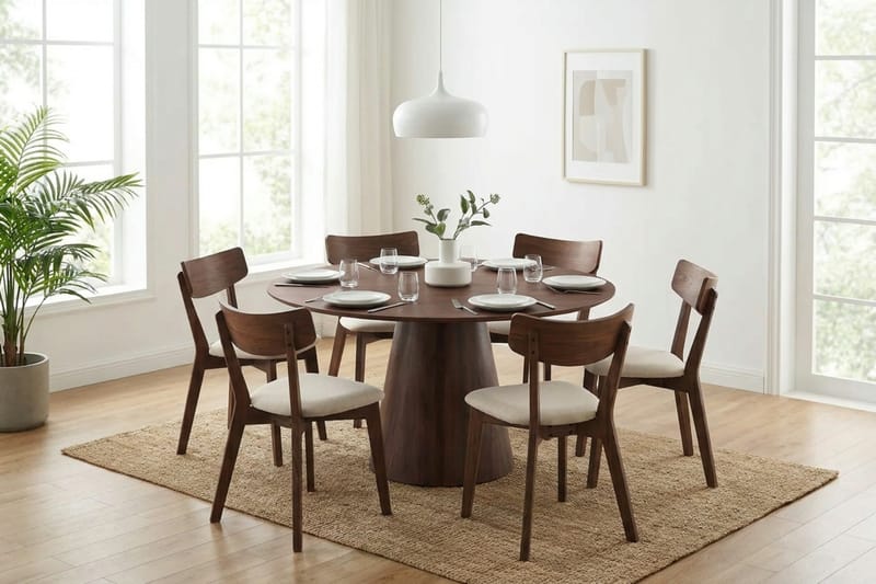 Siena spisegruppe 150 cm rund i valnøtt med 6 Amelia spisestoler med pute - Valnøtt/Beige - Møbler - Bord - Spisegruppe