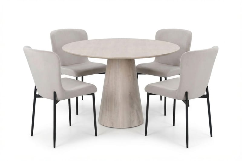 Siena spisegruppe rund 110 cm hvitlasert med 4 Elsie spisestoler, Hvitlasert/beige