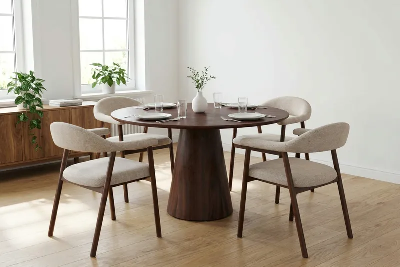 Siena spisegruppe rund 110 cm valnøtt med 4 Ronja spisestoler - Sand/valnøtt - Møbler - Bord - Spisegruppe