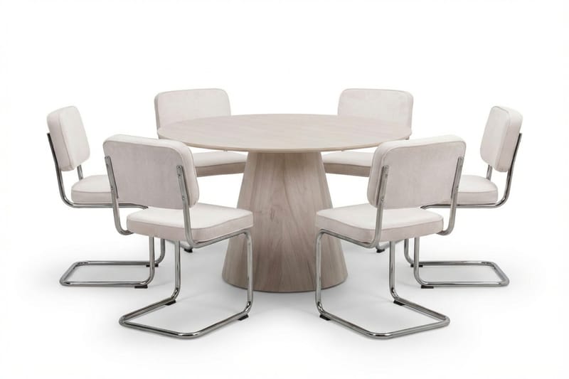 Siena spisegruppe rund 130 cm hvitlasert med 6 Milva spisestoler, Hvitlasert/Beige/krom