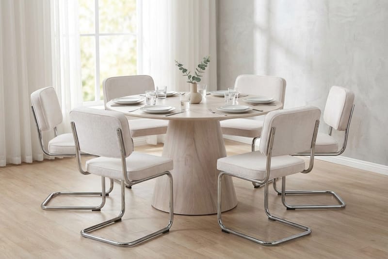 Siena spisegruppe rund 130 cm hvitlasert med 6 Milva spisestoler - Hvitlasert/Beige/krom - Møbler - Bord - Spisegruppe