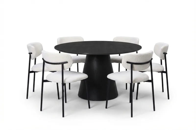 Siena spisegruppe rund 130 cm svart med 6 Lucy spisestoler, Svart